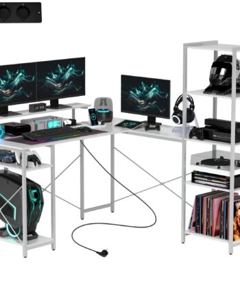 -formet Skrivebord Med Ladestation  Hjørnecomputerbord Med Skærmstativ Og Hylder  Til Hjemmekontor  Kontor  Hvid