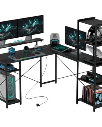 -formet Skrivebord Med Ladestation  Hjørnecomputerbord Med Skærmstativ Og Hylder  Til Hjemmekontor  Kontor  Sort