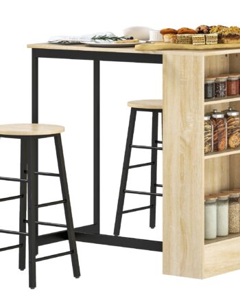 -delt Barbordssæt    Bordplade    Stole  Med Opbevaring Og Fodstøtter  Pladsbesparende  Lysebrun   Sort