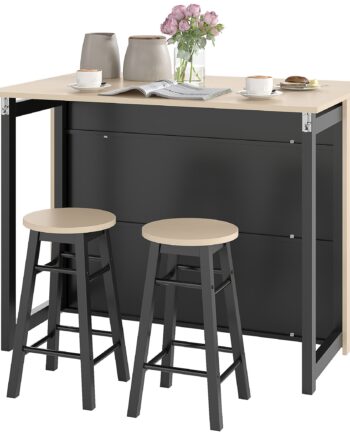 -delt Barsæt  Barbord Med Foldbar Bordplade    Barstole    Opbevaringsrum  Sort   Eg  116   70   89   Cm