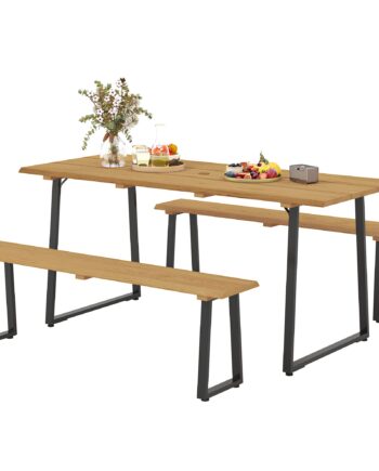 -delt Træspisesæt Til   Personer  Spisebord Med   Bænke  Parasolhul  Træbord  178   76   77 Cm  Naturtræ