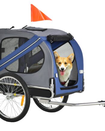 - -  Kæledyrstrailer Cykeltrailer Op Til 20 Kg Foldbart Regnslag Sikkerhedsflagreflekser Stålgrå Blå 130   73   90 Cm