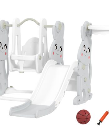 - -  Legesæt Til Småbørn Med Rutsjebane  Gynge  Klatrestativ  Basketballkurv  Plastik  Kanindesign  Grå
