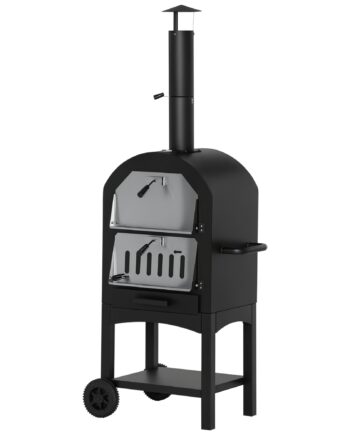 - -  Udendørs Pizzaovn Med Hjul  Grillovn Med Beskyttelsesdæksel  Pizzaspade    Grillnet  Grillvogn Med Skorsten   -etagers Brændefyret Ovn Til Grill  Stål  Sort Og Sølv  63   54   161 Cm